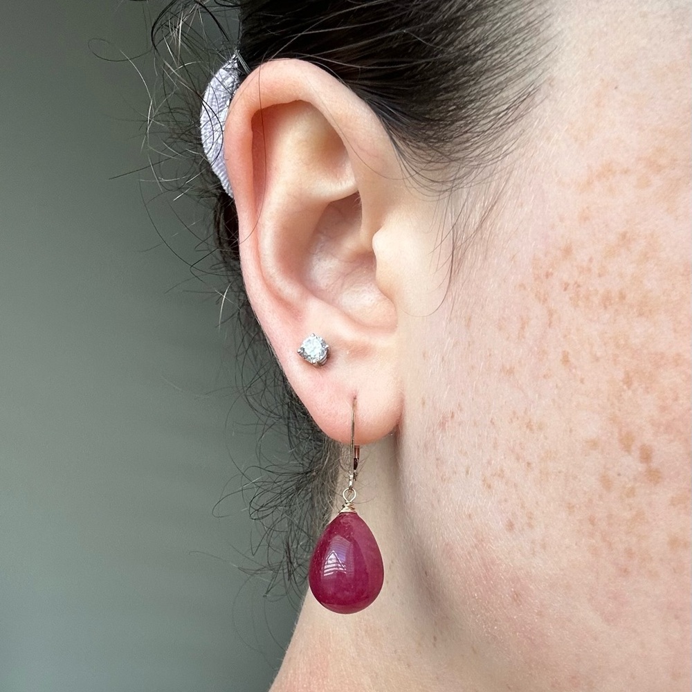 Gold Wire Wrap Ruby Drop Earrings